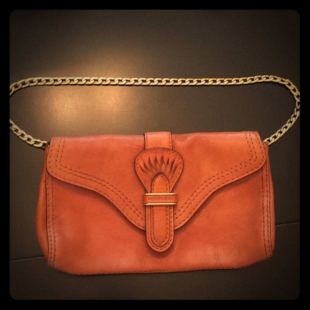 Michael Kors brown leather clutch with chain strap